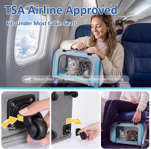 Vista 6 de Transportín rodante para mascotas con ruedas desmontables – 18x11x11 aprobado por TSA para aerolíneas Southwest Delta United American, bolsa