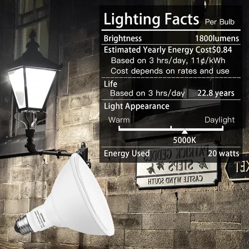 Vista 5 de Gonhom Par38 Bombillas LED de luz de inundación del atardecer al amanecer para exteriores, 20 W de reemplazo de hasta 200 W, 1800 lúmenes, base E26