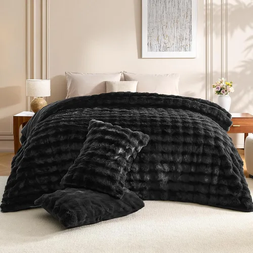 Vista 15 de Wajade Juego de edredón de felpa de pelo sintético teñido anudado negro, juego de ropa de cama mullido y peludo, juego de edredón de microfibra