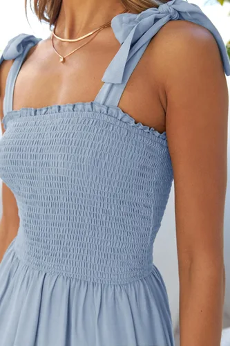 Vista 4 de ZESICA - Vestido largo bohemio de verano para mujer, diseño acampanado, con tirantes delgados, cuello cuadrado y volantes, para la playa, unicolor