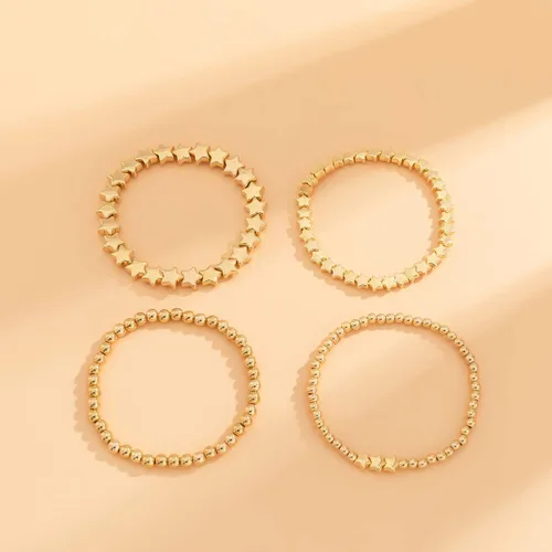 Vista 3 de Xerling 4 pulseras de cuentas doradas para mujer, pulseras de cadena de bolas de estrellas para adolescentes y niñas, pulsera elástica elástica