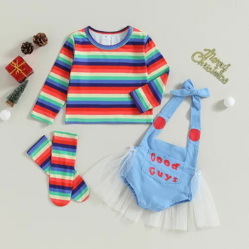 Vista 2 de DSORVICD Conjunto de camiseta de manga larga a rayas y pantalones con tirantes para niños pequeños