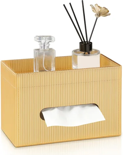 Vista 10 de Funda para Caja de Paños Rectangular con Bandeja de Almacenamiento, Soporte de Paños de PU para Tocador de Baño, Mesitas de Noche, Dormitorio