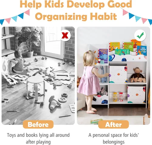Vista 8 de Costzon Organizador de juguetes y libros para niños, estantería de almacenamiento de madera con 5 estantes abiertos, 2 cajas de almacenamiento y 3