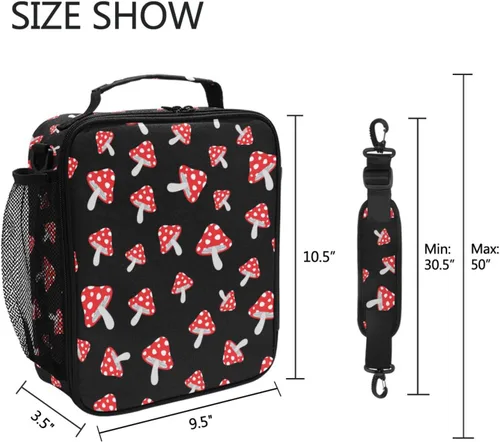 Vista 5 de Lonchera para niños y niñas, con diseño de hongos del bosque, con diseño de dibujos animados, con correa para el hombro, bolsas enfriadoras