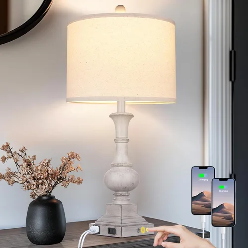 Vista 10 de 26" Farmhouse Table Lamp, Vintage Rustic Touch Control Bedside Lamp with 2 USB Ports & AC Outlet, Boho Resin 3-Way Dimmable Nightstand Lamp Linen