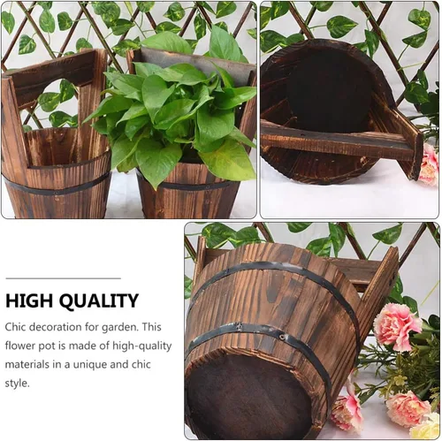 Vista 6 de DOITOOL Macetas colgantes rústicas de madera, maceta colgante de cubo rústico de madera para deseos, maceta para suculentas, maceta para patio