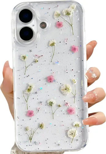 Vista 40 de LSEEKA Funda transparente para iPhone 11 con diseño de flores prensadas reales, linda y brillante, patrón floral rosa, funda protectora delgada