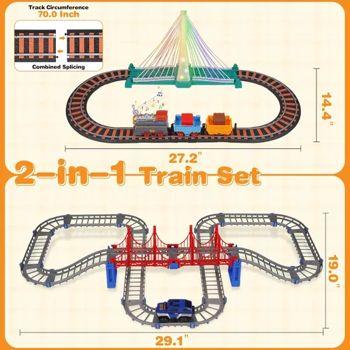 Vista 7 de Juego de tren eléctrico para niños de 5 a 8 años, 2 en 1, pistas de doble capa con puente iluminado y sonidos realistas, juguete de construcción