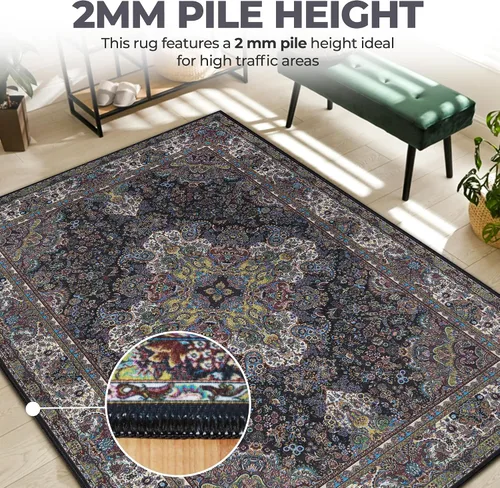 Vista 6 de SUPERIOR Medallion - Alfombra lavable, respaldo de algodón, alfombra para mesa de comedor, alfombra para vestíbulo, de fácil cuidado, alfombra Negro