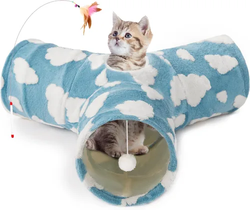 Vista 35 de Tempcore Túnel para gatos con tubo de juguete, túneles plegables de 3 vías para gatos, túneles para mascotas aburridas con agujero y pelota, juguete
