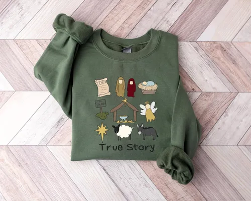 Vista 6 de True Story Nativity - Camiseta de Navidad de Jesús, basada en la fe, sudadera cristiana multicolor