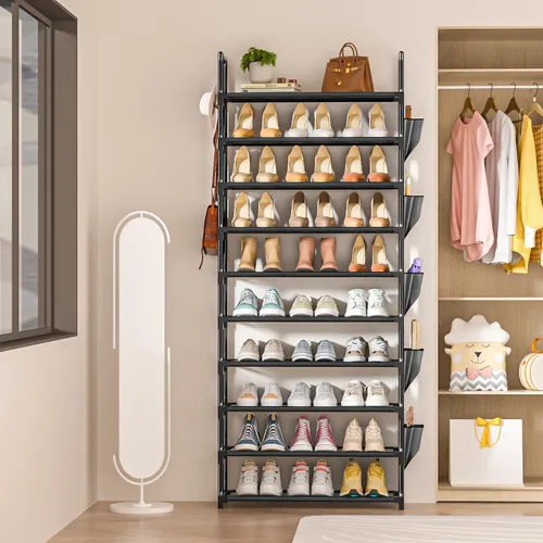 Vista 9 de Zapatero Alto de 10 Niveles Organizador de Zapatos de 10 Niveles para Armario, Estante de Zapatos de Metal con Almacenamiento, Torre de Zapatero