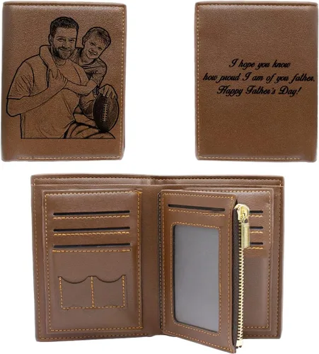 Vista 8 de Billetera personalizada grabada con nombre de imagen y texto, cumpleaños para hombres, marido, novio, papá, Marrón, Compacto