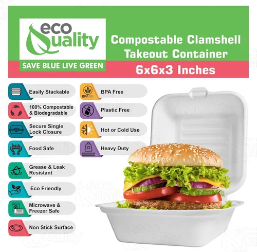 Vista 4 de Recipientes de comida para llevar con cubierta cuadrada compostable con bisagras de 6x6,Contenedores desechables para llevar, contenedores