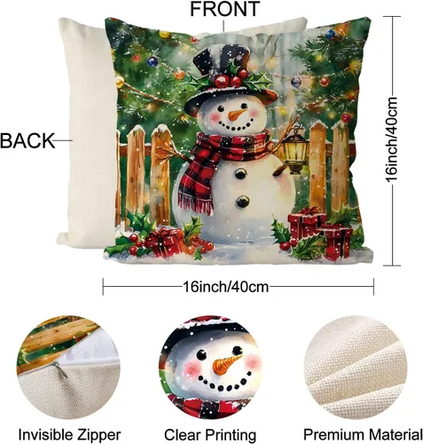 Vista 3 de Juego de 4 fundas de almohada de Navidad, muñeco de nieve, Papá Noel, Derr, decoración de Navidad, para el hogar, sofá, sala de estar, funda