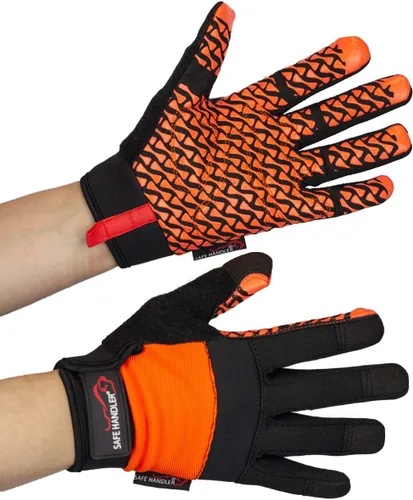 Vista 9 de SAFE HANDLER Guantes Super Grip Palma de agarre texturizada, textura antideslizante, correa de muñeca con gancho y bucle, negro/naranja, S/M, 1