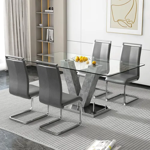 Vista 26 de Juego de mesa de comedor de cristal de 71 pulgadas para 4, juego de mesa de cocina moderno para 4, juego de mesa de comedor para el hogar