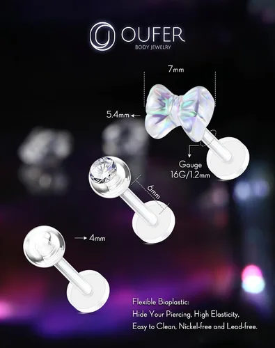 Vista 8 de OUFER 3 piezas de joyería de plástico para piercing de hélice, retenedores de piercing de labio transparente para cirugía, lindos anillos de labio