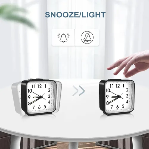 Vista 3 de Reloj despertador analógico, reloj de mesa silencioso sin tictac, reloj de noche de viaje con repetición, luz nocturna, sonidos de pitido