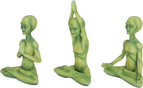 Vista 9 de Ebros Gift OVNI Sighting Green Roswell Alien ET Yoga Meditación Lotus Pose Body Mind and Soul Sitting Figurines Set de 3 criaturas extraterrestres