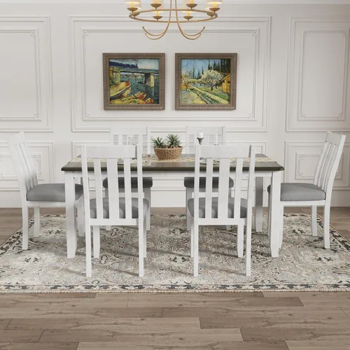 Vista 7 de RUNWON Juego de comedor retro de madera de 7 piezas con mesa extensible y 6 sillas tapizadas para el hogar, marrón antiguo y blanco Marrón