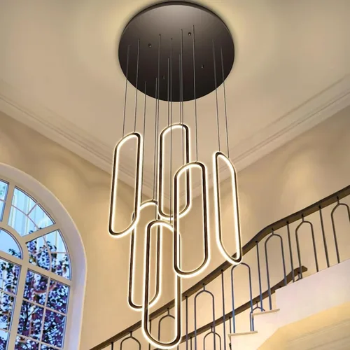 Vista 15 de Flashing God Candelabro moderno, candelabros cromados con 6 anillos LED, lámpara de techo alto más grande para sala de estar, lámpara rectangular