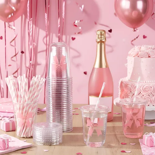 Vista 2 de LemonRoad - Juego de 50 tazas de lazo rosa de 16 onzas para decoración