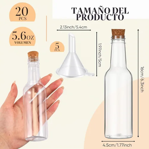 Vista 2 de Tanlade 20 botellas de plástico de arena de 5.6 onzas con tapones de corcho, recipientes de botella de mensajes de deseos, botellas transparentes