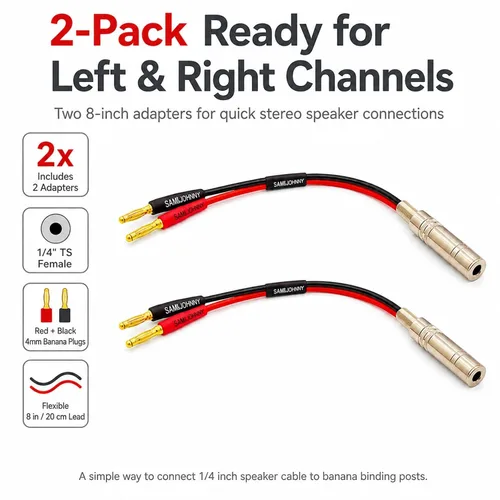 Vista 2 de Enchufe TS hembra a plátano de 1/4 pulgadas, conector mono de 0.250 in, cable de silicona flexible de 1/4 pulgadas hembra a banana para altavoz, 8