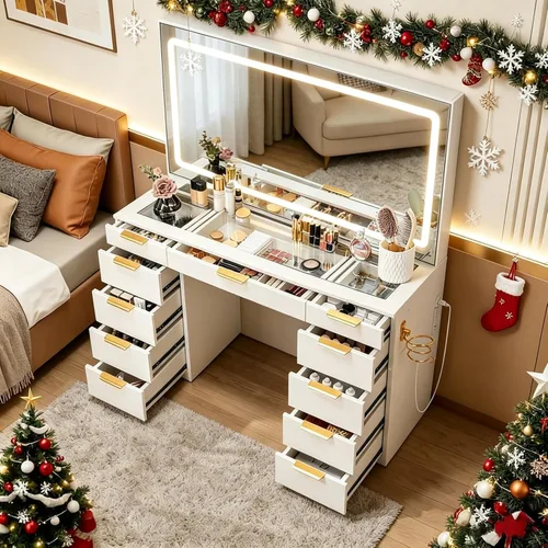 Vista 9 de Escritorio de tocador de cristal con espejo y luces, 11 cajones de maquillaje con taburete, 3 modos de iluminación con toma de corriente, asas