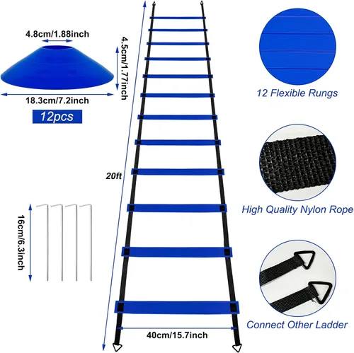 Vista 2 de YEXEXINM Escalera de agilidad profesional de entrenamiento de velocidad, escalera de agilidad de 20 pies, 12 conos de fútbol, 4 obstáculos