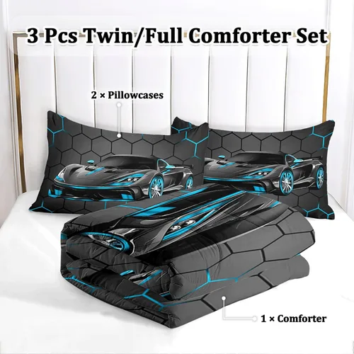 Vista 2 de Juego de Ropa de Cama Individual para Niños con Coches de Carrera, Juego de Edredón de Tamaño Individual con Coche Deportivo Azul para Niños, Juego