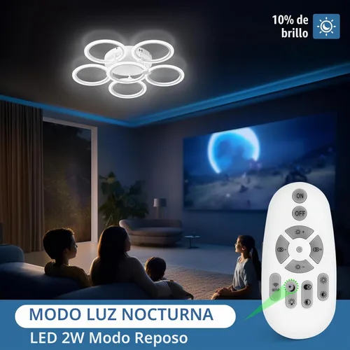 Vista 7 de Lámpara de techo LED, lámpara de techo moderna de 6 anillos, 77 W regulable 3000K a 6500K, luz de techo blanca con control remoto para sala