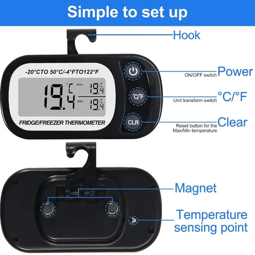 Vista 2 de Termómetro digital para nevera, 2 unidades, termómetro digital para habitación, pantalla LCD grande, termómetro para refrigerador con interruptor