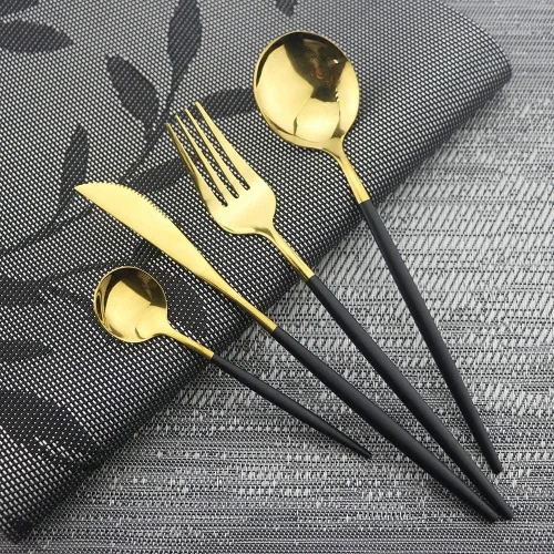 Vista 5 de JASHII Black GoldSilverware - Juego de cubiertos de acero inoxidable de 20 piezas con acabado satinado, utensilios de cocina, cubiertos pulidos
