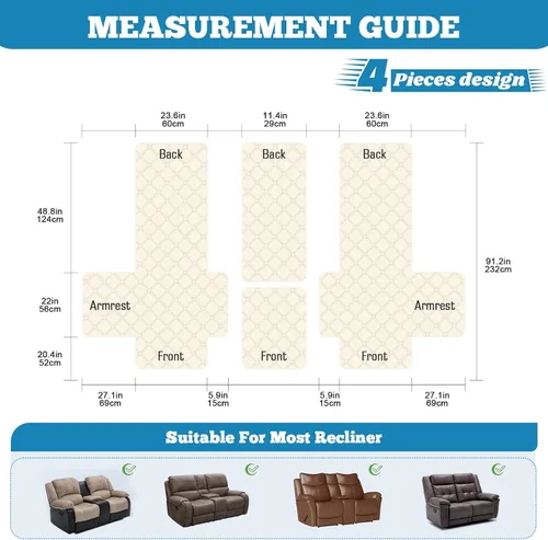 Vista 5 de TAOCOCO Funda para Sillón de Dos Plazas Reclinable 100% Impermeable con Consola Central, Funda de Sofá Reclinable Reversible para 2 Asientos