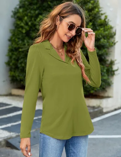 Vista 4 de Rapbin Camisa de cuello de muesca para mujer, cuello en V, manga corta, casual, túnica