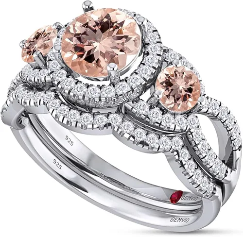 Vista 4 de GEMVIO Colección de tres anillos de piedra, 1 34 CTTW de corte redondo natural y creado en laboratorio y anillo de compromiso de oro de 14 quilates