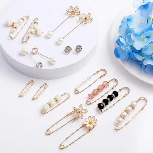 Vista 7 de Yolev Broche de perlas sintéticas de 17 piezas, broches de chal, broche de perlas artificiales de moda para mujeres y niñas, accesorios