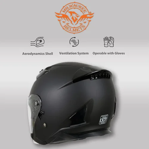 Vista 7 de Milwaukee Performance Helmets MPH9805DOT Shift Open Face 3/4 Matte Black Helmet Biker w/ Drop Down Visor