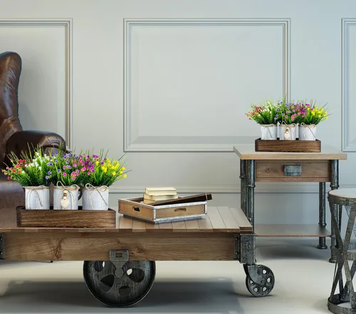 Vista 6 de CALAVAK Centro de mesa decorativo de madera con 3 macetas de metal artificiales para el aliento del bebé, plantas de gypsophila, decoración rústica