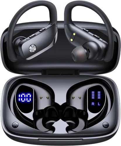 Vista 8 de bmani Auriculares inalámbricos con Bluetooth con pantalla LED de 80 horas de reproducción, gancho sobre la oreja con micrófono, sonido estéreo Negro