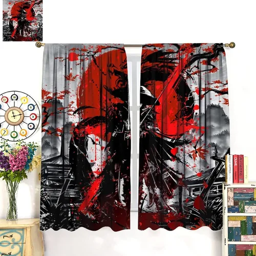 Vista 3 de Cortinas opacas con temática japonesa para sala de estar, cortinas de ventana con diseño de samuráis de anime en acuarela y flores de cerezo