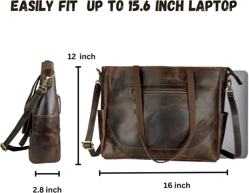 Vista 7 de LUXI TREASURE Leather Laptop Tote bag Brown color 16 INCH Ladies Messenger bag Ladies Handbag Shoulder Bag Purse