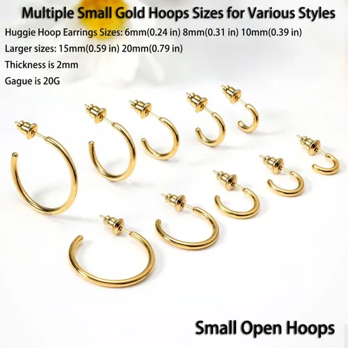 Vista 3 de Aretes de aro ligeros y pequeños de oro para mujer, aretes de aro abiertos de oro de 14 quilates, hipoalergénicos, pequeños aretes de aro en oro
