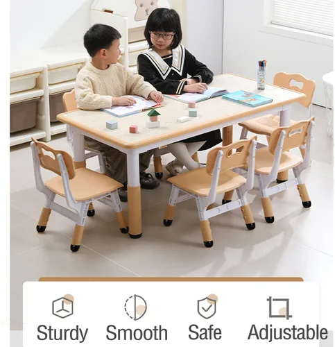 Vista 7 de Juego de mesa y sillas para niños, escritorio ajustable en altura con 6 asientos para edades de 2 a 10 años, mesa de arte y manualidades, escritorio