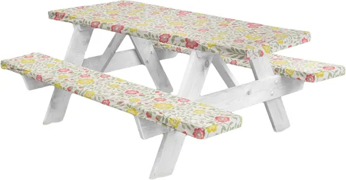Vista 2 de LINPRO Funda de mesa de picnic prémium con fundas de banco, fundas de vinilo ajustables para mesa de picnic con accesorios elásticos de camping