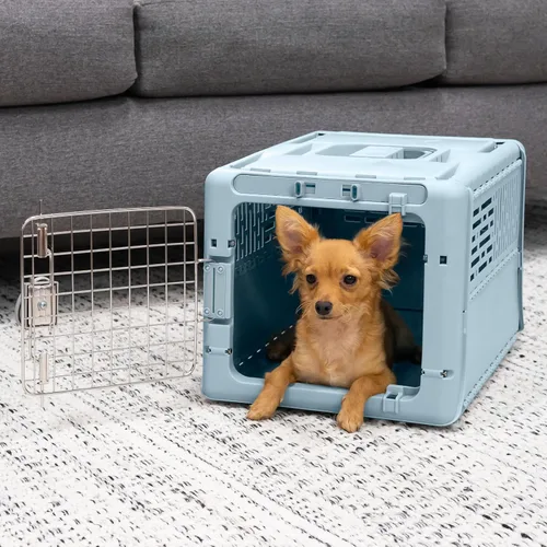 Vista 2 de SportPet Designs Transportador de viaje plegable para mascotas XS (azul), perrera de lados duros para perros pequeños, cachorros, gatos, gatitos