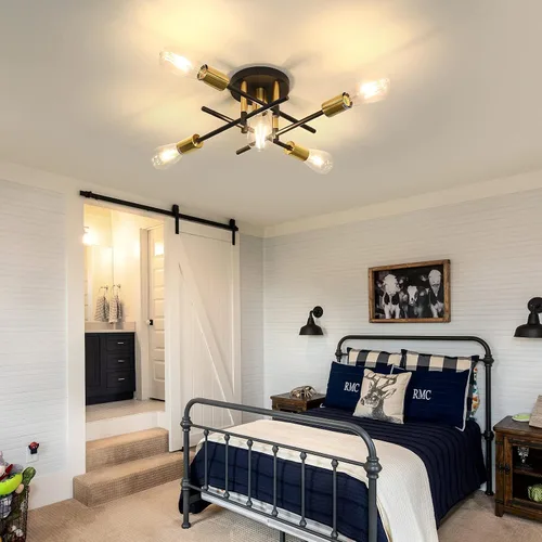 Vista 7 de UOFUS Lámpara de techo semiempotrada de 5 luces estilo casa de campo con lámpara E26 moderna lámpara de techo Sputnik negro mate y dorado